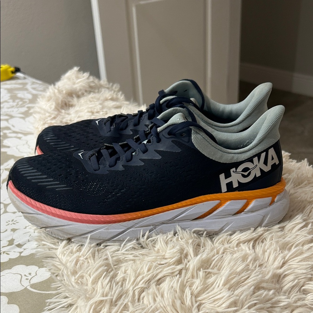 Hoka Gray and Navy with Orange One One Clifton 7 Running Shoes Women’s size 9.5
